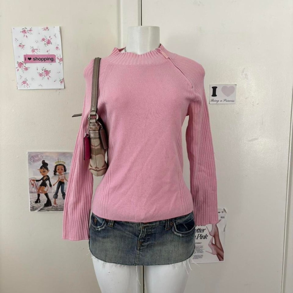 / BCleo Petites Y2K Pink Ribbed Mock Neck Zip-Shoulder Sweater S/P — Coquette - Picture 7 of 7